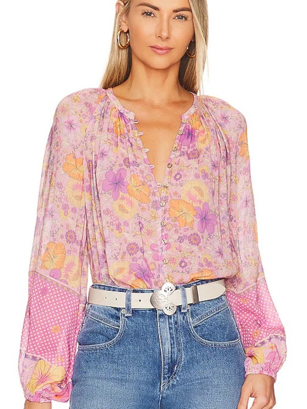 SPELL Pink & Yellow V-Neck Women's Blouse